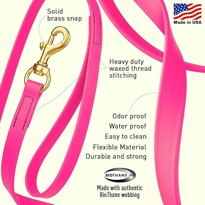 Viper Biothane K9 Working Dog Leash Waterproof Lead for Tracking Training Schutzhund Odor-Proof Long Line with Solid Brass Snap for Puppy Medium and Large Dogs, 20ft Passionfruit Pink