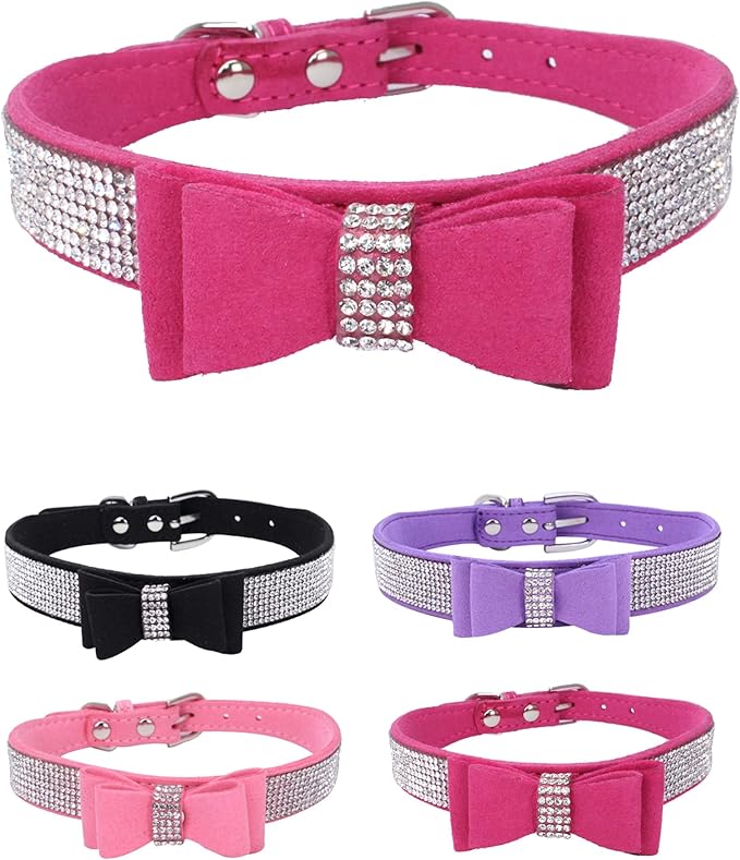 Rhinestone Dog Collar for Small Medium Large Dogs, Adjustable Leather Suede Bling Dog Collars，Diamond Bow Tie Puppy Collars for Boy and Girl.