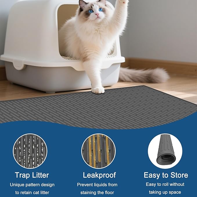 XXL Extra Large Silicone Cat Litter Trapping Mat for Scatter Control, 40"x30"(100cmx75cm) Waterproof Kitty Litter Box mat for Floor, Soft on Kitty Paws, Easy to Clean, Dark Gray