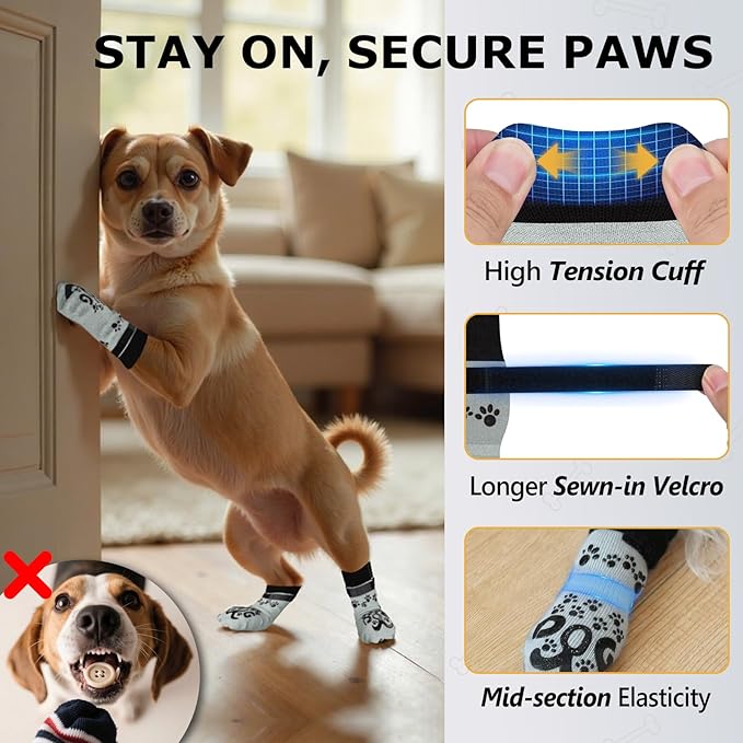 Anti Slip Dog Socks to Prevent Licking Paws - Double Side Dogs Paw Grip Sock for Hardwood Floors, No Twist Dog Booties Grippy Socks for Small Medium Large Senior Dogs, Light Grey and Black, M