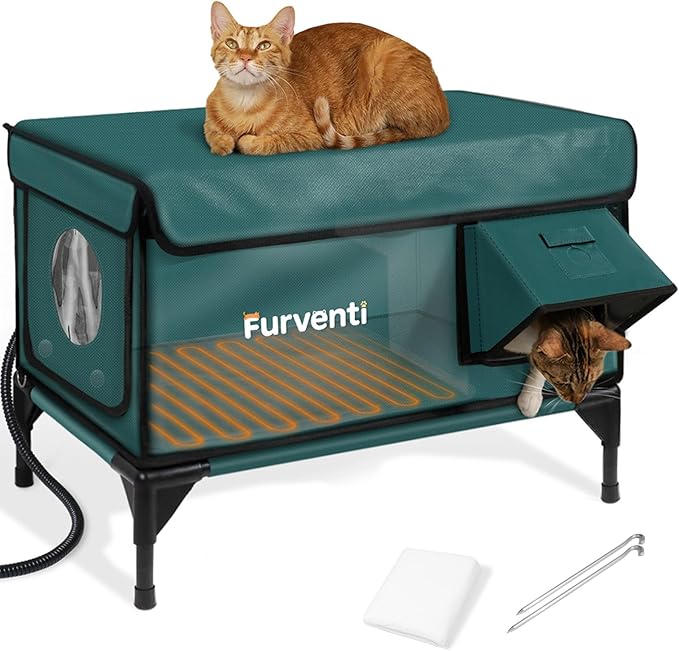 Heated Cat House for Outside,Dual Camera Mounts,100% Weatherproof & Extremely Insulated,Elevated Feral Cat Shelter with Escape Door,Waterproof Eaves for Outdoor Stray Barn Cat(Dark Green,L)