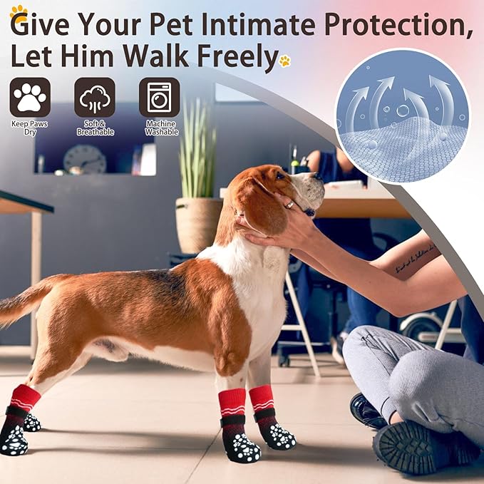 BINGPET 6PCS Dog Socks to Prevent Licking Paws with Grippers for Hardwood Floors Anti Slip, Winter Pet Shoes Booties, Extra-Thick Grip Dog Boots & Paw Protectors for Small Medium Large Senior Dogs, L