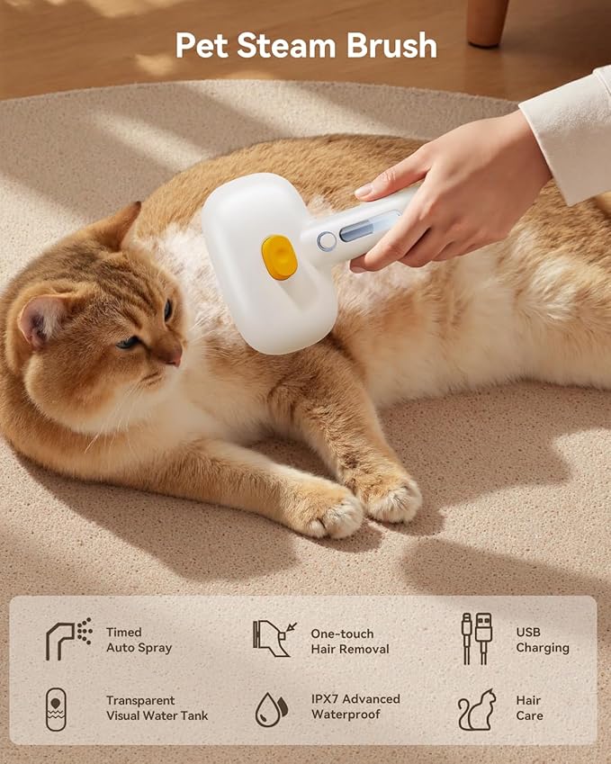 ROJECO 3-in-1 Pet Steam Brush for Cats&Dogs-Pet Spray Hair Removal Detangling Comb with Adjustable Mist,Handheld Deshedding Grooming Tool for Long/Short Hair,Massage Brush & Shedding Control,Cordless