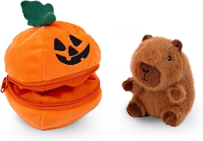 Plushland Halloween Zip-Up Pumpkin Stuffed Animal Plush Toys,Hideaway Spooky Black Cat Bat Ghost Capybara Plush Halloween Toy for Festive Decorations & Fun Surprises 6 Inches (Capybara)