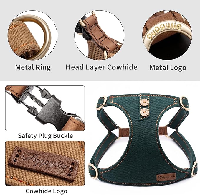 Dog Harness, No Pull Dogs Harness and Multi-Function Leash Set for Medium Dogs Easy Walk Everyday Adjustable Soft Dog Vest Harness Fashionable Dog Accessories Denim Vintage Green-Button-Relaxed Medium