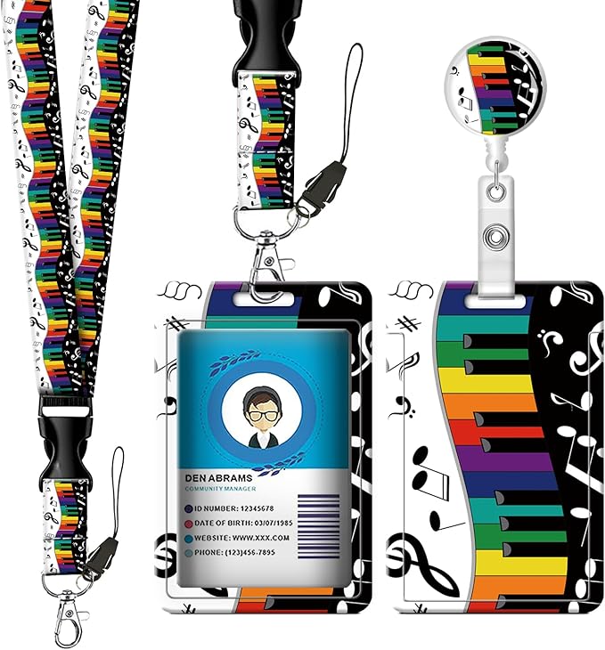 ID Badge Holder with Retractable Lanyard and Keychain, Badge Reel with Rotate Carabiner Clip,Beige Flower Card Name Tag Lanyard ID Protector Bage Clips for Student, Women, Office (Cute Musical Notes)