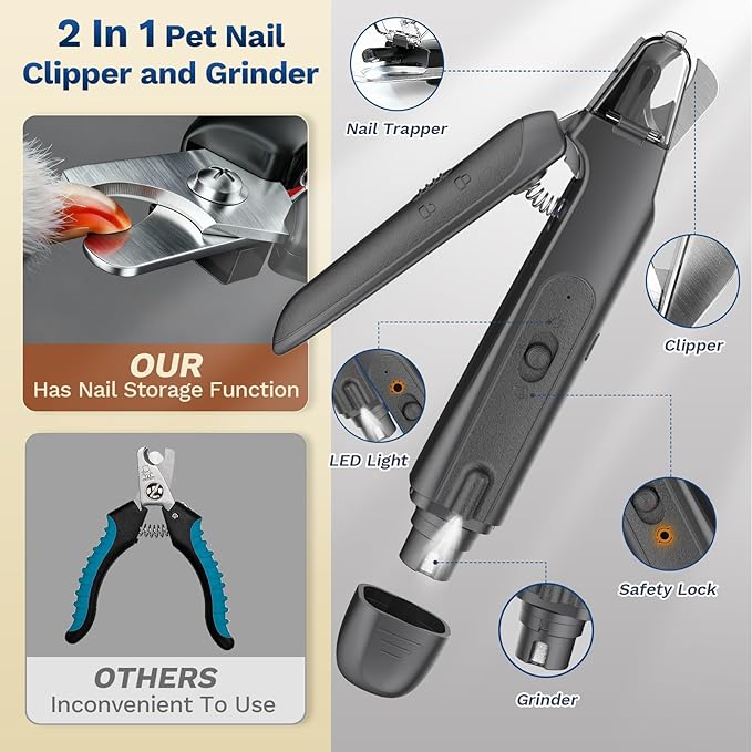2-in-1 Dog Nail Clippers & Cat Nail Clippers Trimmers for Large Medium Small Dogs Cats Claw Trimmer Quick Sensor and Safety Guard USB Rechargeable with 2 LED Lights Dogs Nail Trimmer (Black)