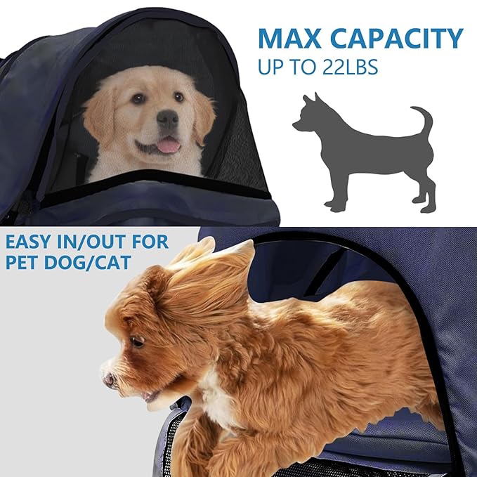 Pet Stroller 4 Wheels Dog Cat Stroller for Medium Small Dogs Cats, Folding Cat Jogger Stroller with Storage Basket & Breathable Mesh, Easy to Walk Travel Carrier