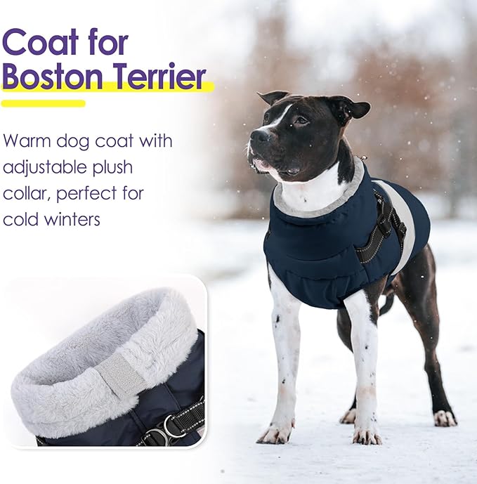 SUNFURA Small Dog Coat with Harness Built in, Warm Dog Jacket Winter with Zipper On Back, Waterproof Pet Snow Jacket Snowsuit Pet Sweater Clothes for Puppy, Blue XS