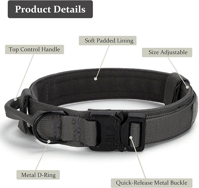 Tactical Dog Collar, Adjustable Military Training Nylon Dog Collar with Control Handle and Heavy Quick-Release Metal Buckle for Small Medium Large Dogs, Grey L
