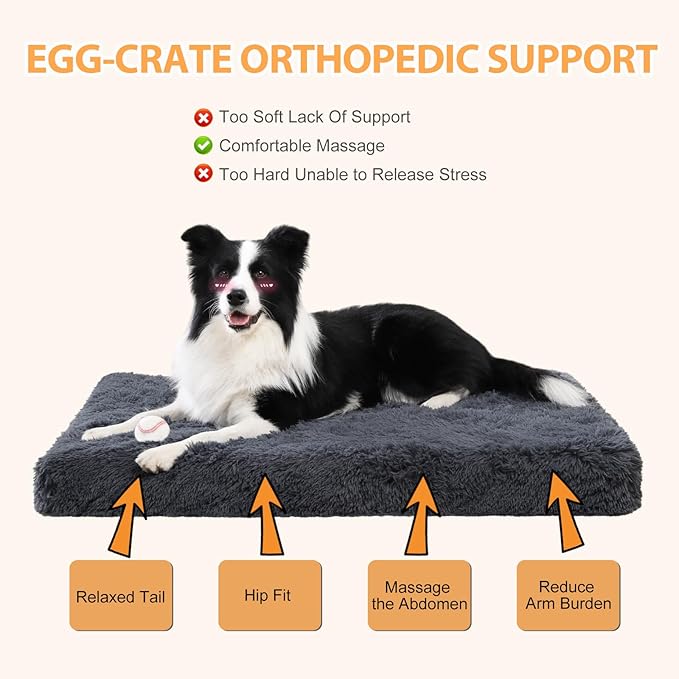 Orthopedic Dog Beds Medium/Large Sized Washable Removable Cover, Plush Dog Bed Waterproof Lining NonSkid Bottom, Crate Foam Pillow Mattress Fluffy Anti Anxiety Pet Pad 35x23 Inch, Dark Grey