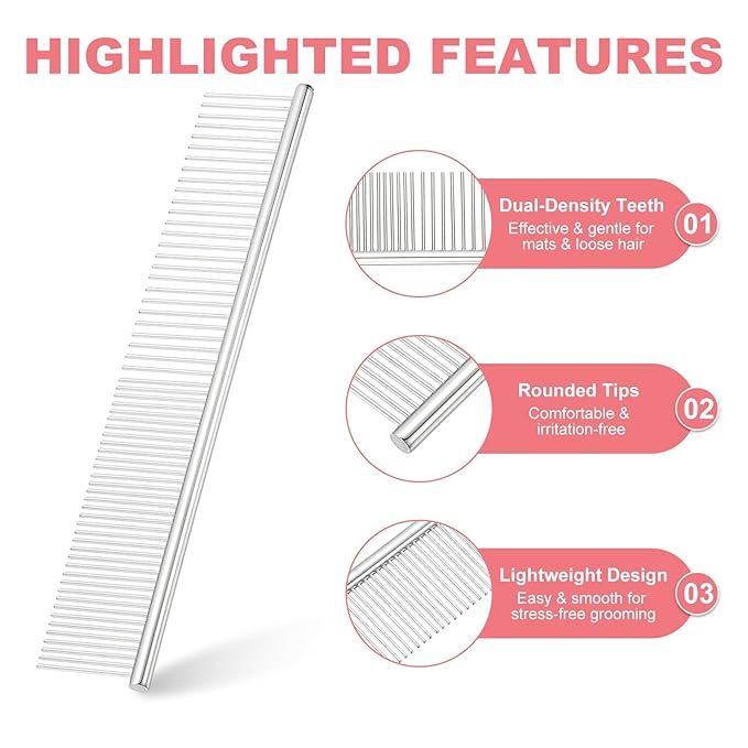 Dog Cat Comb, Pet Combs Stainless Steel Teeth with Rounded Ends for Knots Mats Loose Hair Removal, 7.5IN (Silver, 3 Pack), Grooming Tool Intended for Long Curly Hair Pet