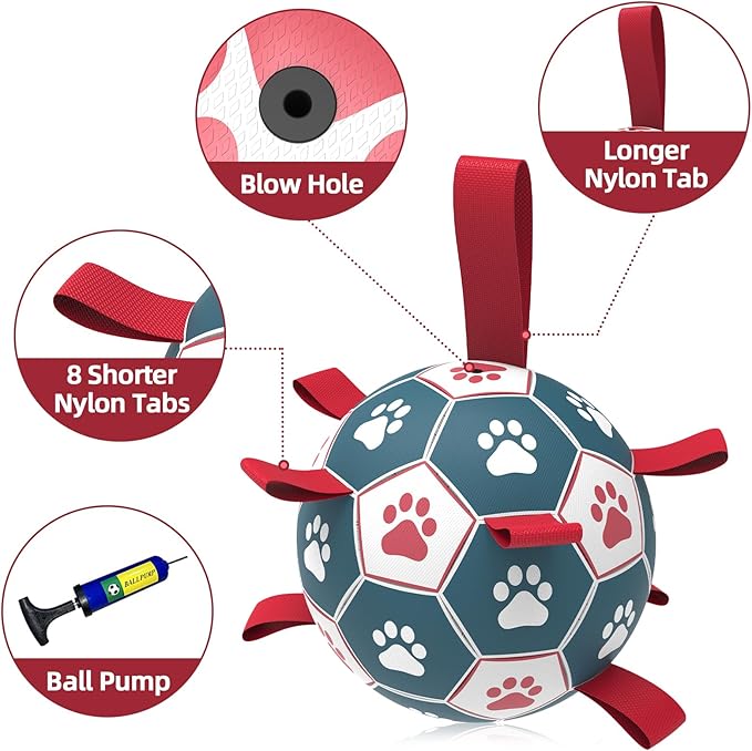 QDAN Extra Large Soccer Ball with Straps, Interactive Dog Toys for Tug of War, Puppy Birthday & Water Toy, Large Dog Balls - Blue & Red (9 Inch)