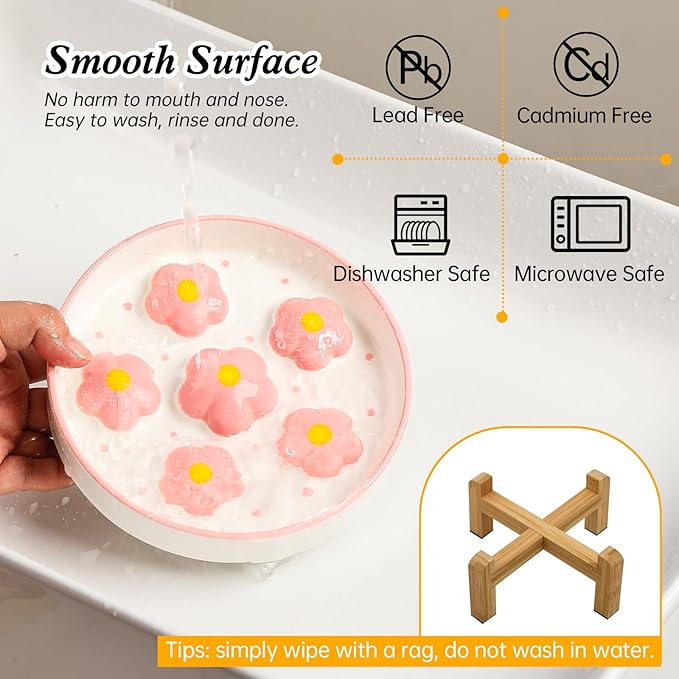 Elevated Slow Feeder Cat Bowl - Maze Puzzle Cat Food Dish with Bamboo Stand, Anti-Slip - Raised Base for Comfortable Eating - 6 OZ - Blush Pink Flower
