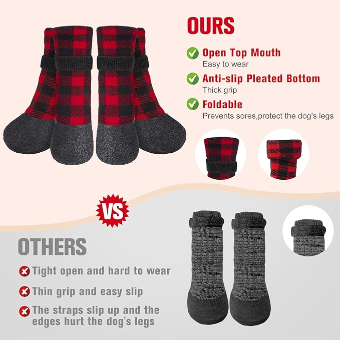 BEAUTYZOO Waterproof Dog Socks to Prevent Licking Paws, Christmas Dog Socks for Hardwood Floors Anti Slip, Puppy Boots with Grippers for Small Medium Large Senior Dogs, Red Black Plaid, L