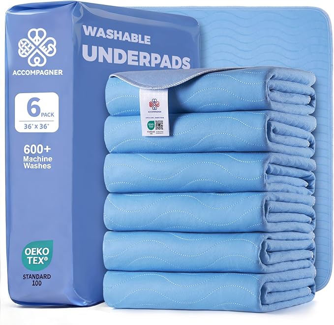 Accompagner Waterproof Reusable for Adults and Pets Washable Pee Pads for Dogs Changing Pad Large Dog Bed Size Adults Incontinence Bed Pads - Non-Slip Leak-Proof (Blue, 36"x36"(Pack of 6))