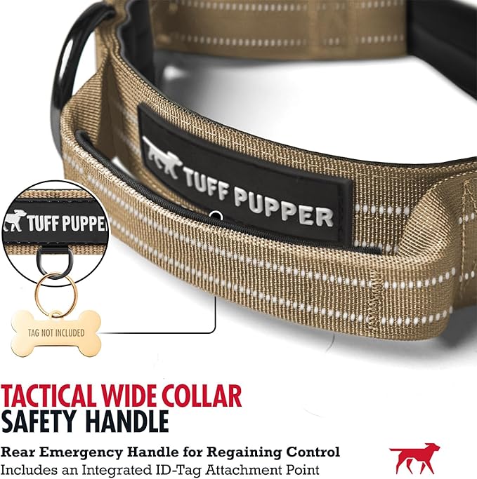 Tuff Pupper Tactical Dog Collar with Handle | Heavy Duty Adjustable Dog Collar | Military Nylon Collar for Large Dogs | Quick-Release Buckle | Soft Padded Comfort | Training Control (Tan, Large)