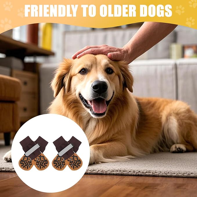 2 Pairs of Dog Socks to Prevent Licking Paws, Double Sides Non-Slip Dog Boots & Paw Protectors, Paw Dog Socks with Grippers for Senior Dogs on Hardwood Floor (Brown, Medium)