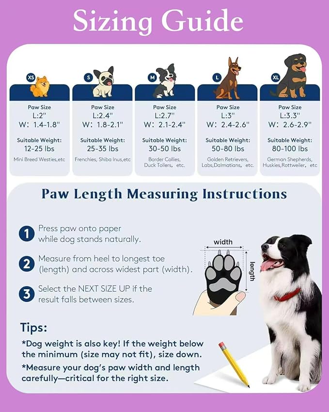 Dog Shoes for Hot Pavement, Adjustable Magic Tape Boots for Small, Medium & Large Dogs, Anti-Slip, Easy to Clean Paw Protectors for Beach, Outdoor & Hot Weather (Purple L)