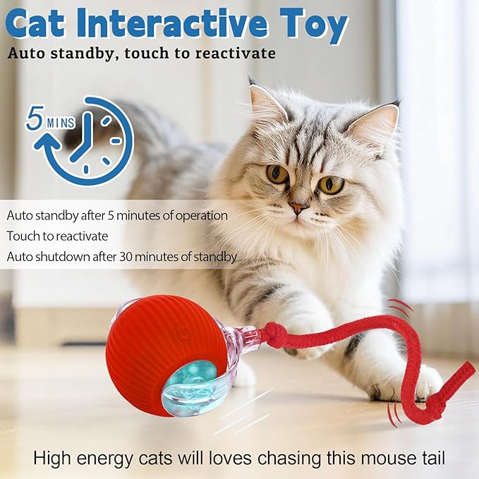 Moterej Interactive cat Toys for Indoor Cats, Speedy Tail 3.0 Cat Toy, Motion Activate cat Toy Ball，Automatic Toys for Bored Indoor Cats, Speedy Tail 2.0 Cat Toy, Rechargeabl(Red)
