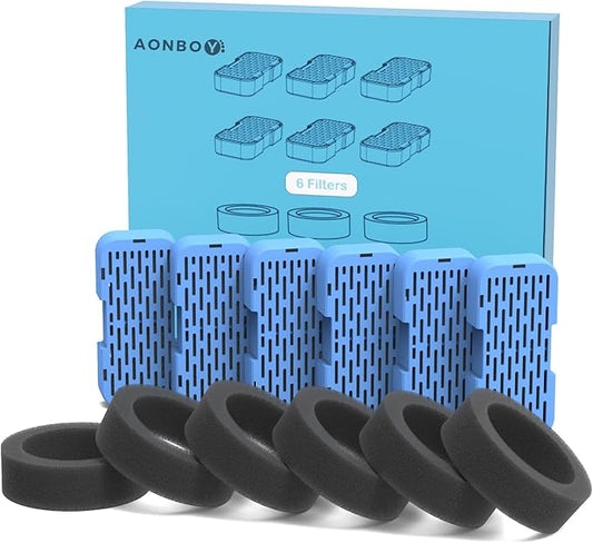 AONBOY Cat Fountain Filters Replacement: 6 Filters + 6 Cat Fountain Sponge, Suitable for AONBOY Pet Fountain S3-SC, Multiple Filtration, Isolates Floating Hairs and gets rid of Odors