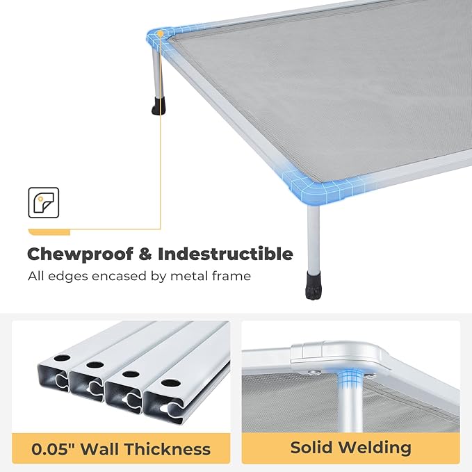 Veehoo Chewproof Elevated Dog Bed - Cooling Raised Pet Cot, Breathable Mesh, Washable & Non-Slip for Large Dogs, Indoor/Outdoor, Grey Mat and Silver Metal Frame, 49x33inches (Model CWC2203B03)