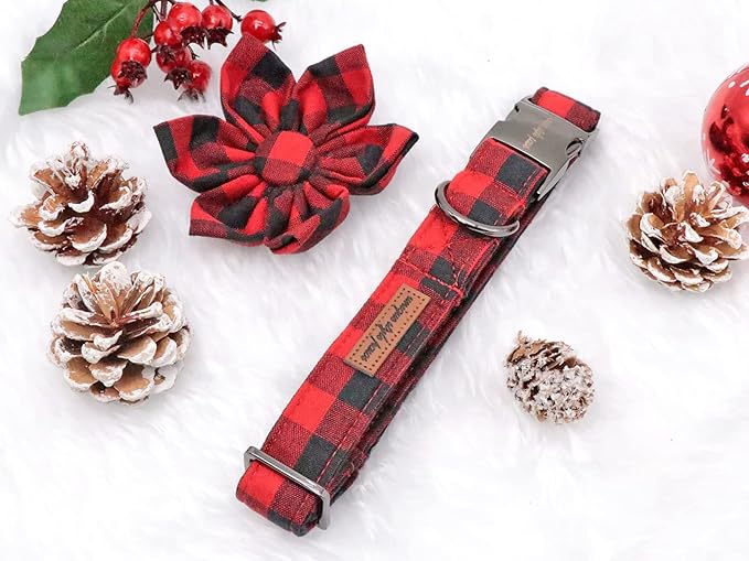 Uniqe Style Paws Christmas Grid Dog Collar, Female or Male Adjustable Puppy Collar with Flower, Durable Floral Pattern Pet for Medium Dogs
