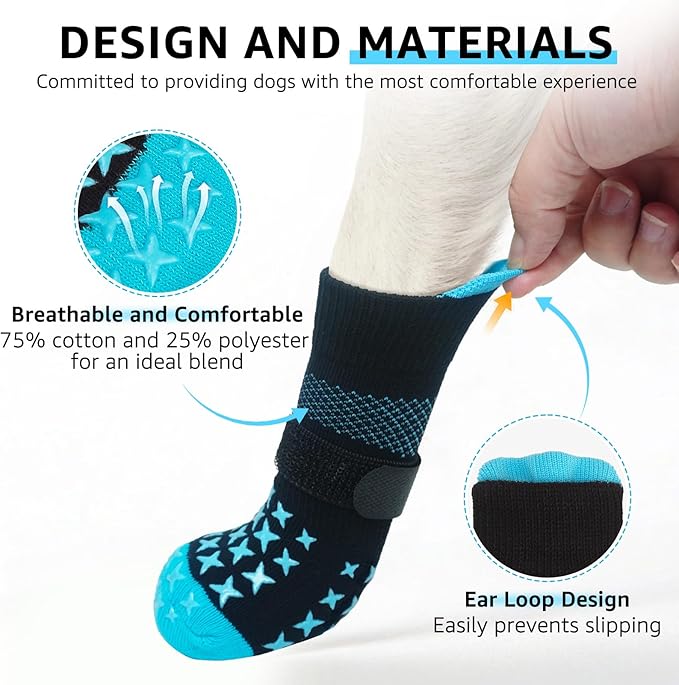 SCENEREAL Anti Slip Dog Socks to Prevent Licking Paws, Dog Booties & Paw Protectors for Hot Pavement Hardwood Floors, Traction Control for Small Medium Large Senior Dogs, Blue S