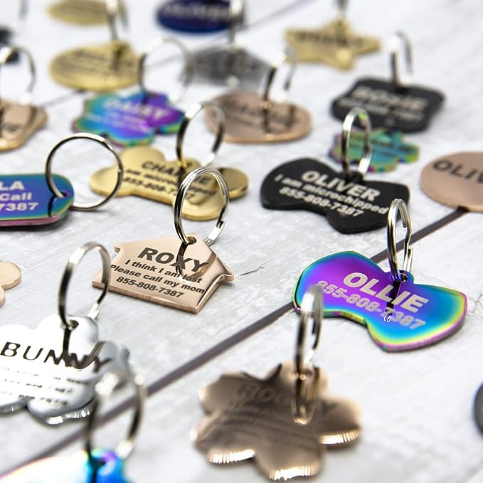 Engraved Dog Tags Personalized - Stainless Steel Engraved Dog Cat ID Tags Front & Back up to 8 Lines of Text Color Plating Gold, Rose Gold, Blue, Black, Nebula Round Regular