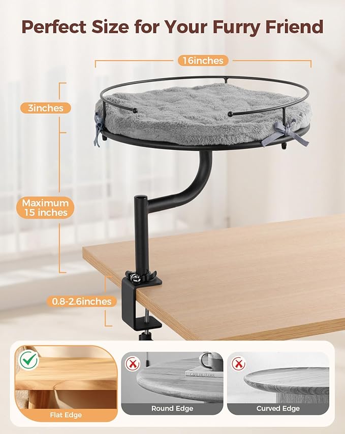 Cat Desk Bed, 360°Rotation & Height Adjustable Cat Bed for Desk Holds up to 40lbs, Machine-Washable Plush Cover