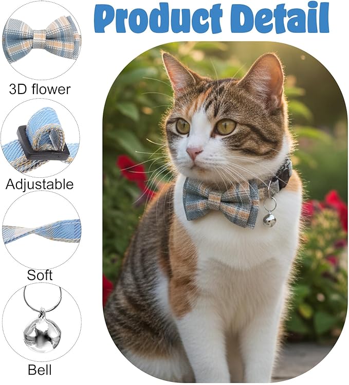 2 Pcs Cat Collar with Bells, Adjustable Breakaway Bow Tie for Shorthair Cat, Chihuahua Ect., Cute Pet Collar for Kitten, Puppy & Small Pets (Blue & White Plaid)