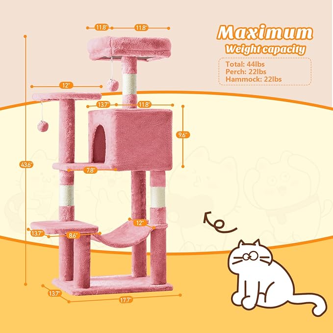 Sweetcrispy 44 inch Cat Tree Tower, Small Cat Climbing Tower with Condo, Natural Sisal Scratching Posts, Extended Platform, Hammock, Pet House for Indoor Cats and Kittens Play, Pink
