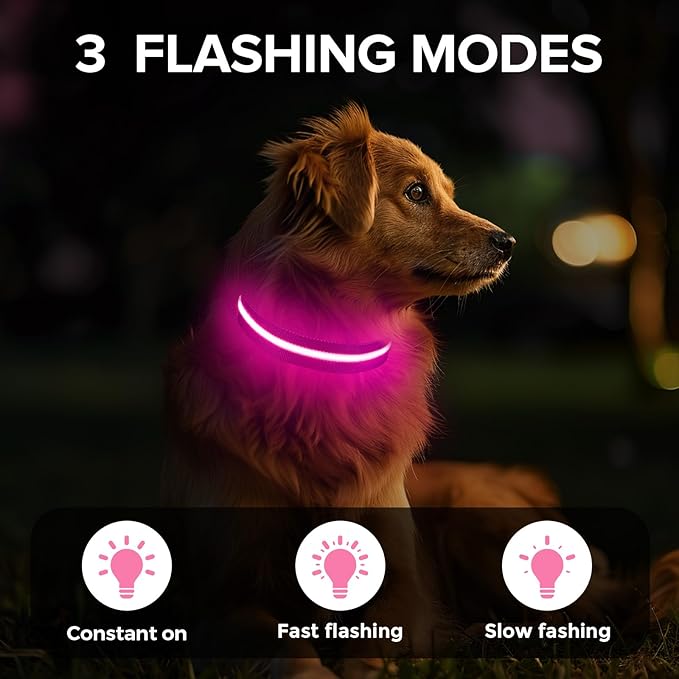 Jewyow Light Up Dog Collar, Adjustable USB Rechargeable Glow in Dark Dog Collar ，Waterproof Dog Collars for Medium Dogs (Pink, Medium)