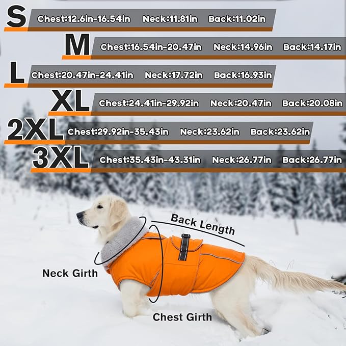 Lelepet Dog Coat Waterproof Dog Jacket Reflective Fleece Vest with Adjustable Buckle & Leash Hole Windproof Cold Weather Coats for Small Medium Large Dogs, Warm Hunting Vest, Orange, XL