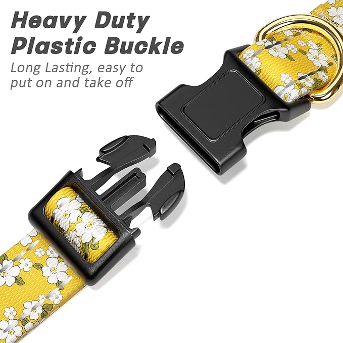 Reflective Dog Collar for Medium Dogs, Cute Flower Theme Adjustable Heavy-Duty Nylon Puppy Collar for Boy and Girl Female, Soft Pet Accessories with Quick Release Buckle, Yellow