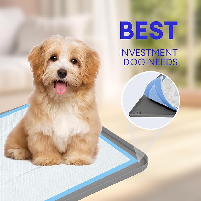 Pee Pad Holder for Dogs, 32"x21" Foldable Silicone Puppy Pad Tray with Built-in Clamps, Raised Edge Leak-Proof Potty Training Mat, Non-Slip Tear-Resistant Dog Pad Holder for Floor Protection