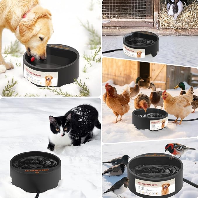 PETLESO Outdoor Heated Water Bowl for Dogs Cats, 2.2L Winter Heating Dog Water Bowl with AntiBite Wire, Provides Drinkable Water, Pet Warm Dish Smart Thermal for Outdoor Chickens Rabbits Birds, Black