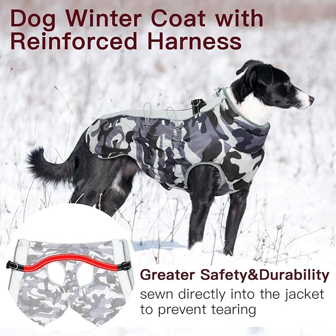 Dog Coat for Large Dogs, Dog Winter Jacket-X Large Warm Dog Coat with Harness Reflective Dog Vest Water-Resistant Dog Snowsuit Dog Snow Jacket for Large Dogs Beagle, Corgi, Grey-Camouflage
