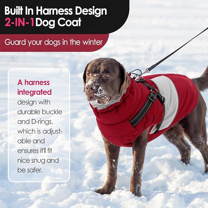 AOFITEE Dog Coat, Dog Christmas Sweater, Warm Dogs Winter Coat, Waterproof Dogs Jacket with Harness, Pet Puffer Jacket Snowsuit, Reflective Windproof Pet Sweater for Cold Weather, French Bulldog, L