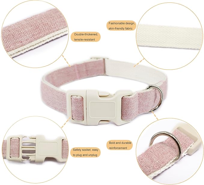 Cotton Hemp Dog Collar Adjustable, Pink Dog Collar Soft Natural Fabric with Quick Release, Cute Wedding Puppy Necklace for Small Medium Large Dog, Pink-M