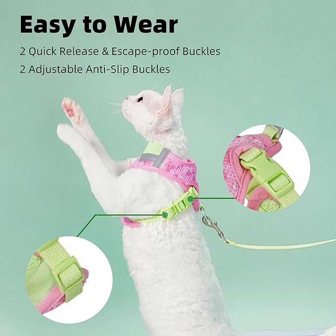 Cat Harness and Leash Set for Comfortable Outdoor Walking, Escape Proof, Adjustable Soft Kitten Vest Harness with Reflective Strip for Cats, Small Dogs (Pink Green, M)