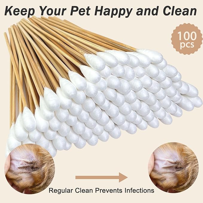 100 Pcs Large Cotton Swabs for Pet Care, 6 Inch Long Cotton Swabs with Bamboo Handle, Professional Dog Ear Swabs, Absorbency Big Cotton Tips, Pet Cleaning Solution Supplies