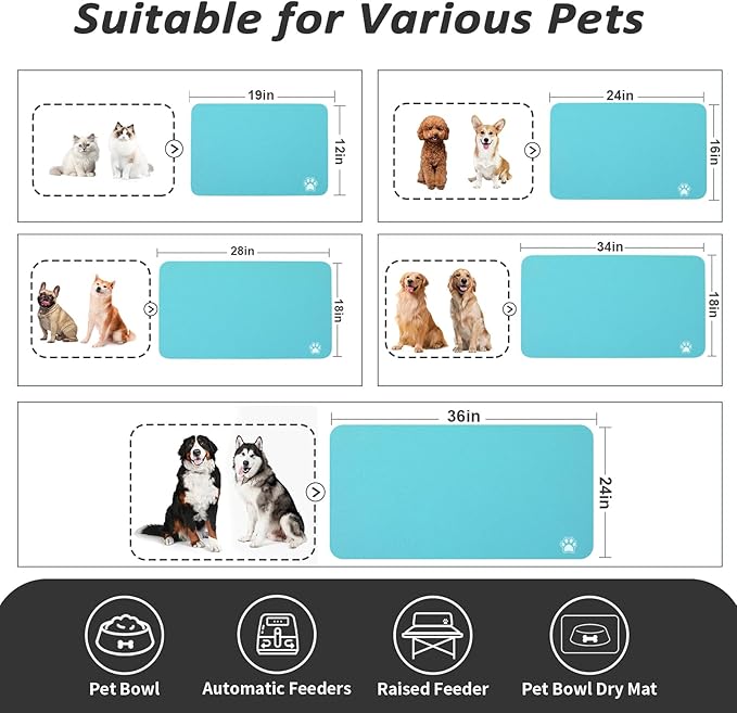 Dog Food Mat - Absorbent Cat Mat for Food and Water, No Stains Pet Feeding Bowl Mat, Easy to Clean Pet Placemats, Quick Dry Dog Water Dispenser Mat for Messy Drinkers | Paw Teal 18"x 28"