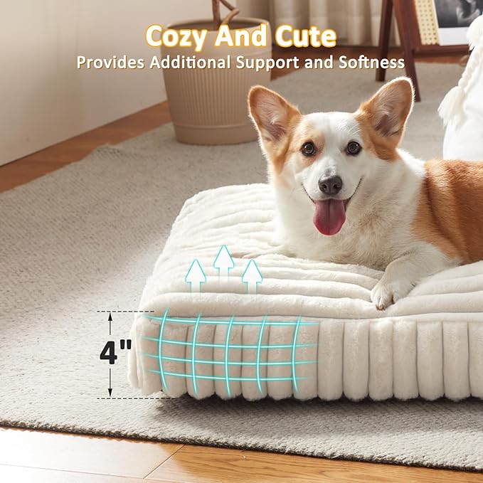 XL Dog Bed, Flat Pet Beds with Removable Washable Cover, Pet Mat Cute Dog Crate Bed Thick Shredded Chopped Crate Foam & Anti Slip Bottom for Indoor, 42"x27"x4" Cream