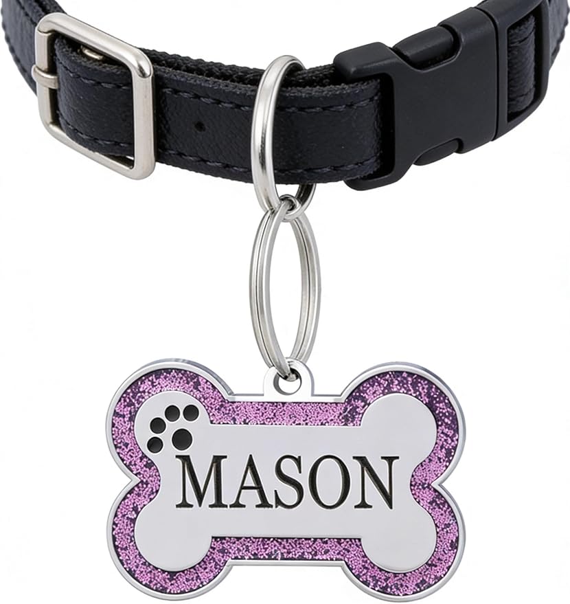 Personalized Dog Tags - Stainless Steel Deep Engraved Glitter Bone Shape Pet ID Tag, Double Sided Custom Text, Lightweight Durable Cat Dog Name Tag (Purple, S)