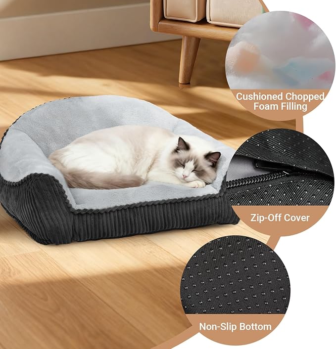 Cat Couch for Puppy, Kitten, and Small Pets - Soft Faux Rabbit Fur Pet Sofa with Washable Removable Cover, Non-Slip Fuzzy Plush Cushion, 24"x18"x10"
