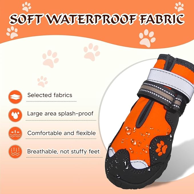Dog Shoes for Large Dogs, 360°Anti Slip Medium Dog Boots & Paw Protectors Winter Snowy, Waterproof 4Pcs Dog Booties with Reflective Strips (Size 2: 1.77''x2.3''(W*L), Orange)