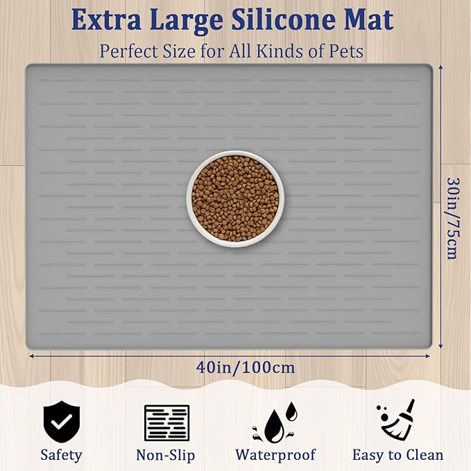 40"x30" XXL Silicone Dog Feeding Mat, 1.5MM Extra Thick Dog Bowl Mat for Food and Water, Large Non-Slip Placemat with High Edges for Dogs Bowls, Easy to Clean, Dark Gray