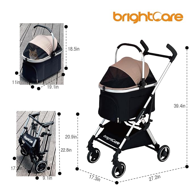Pet Stroller for Small Dogs & Cats Under 20 lb with Detachable Carrier, Converts to Car Seat, Ultra-Lightweight only 11lb, One-Hand Fold