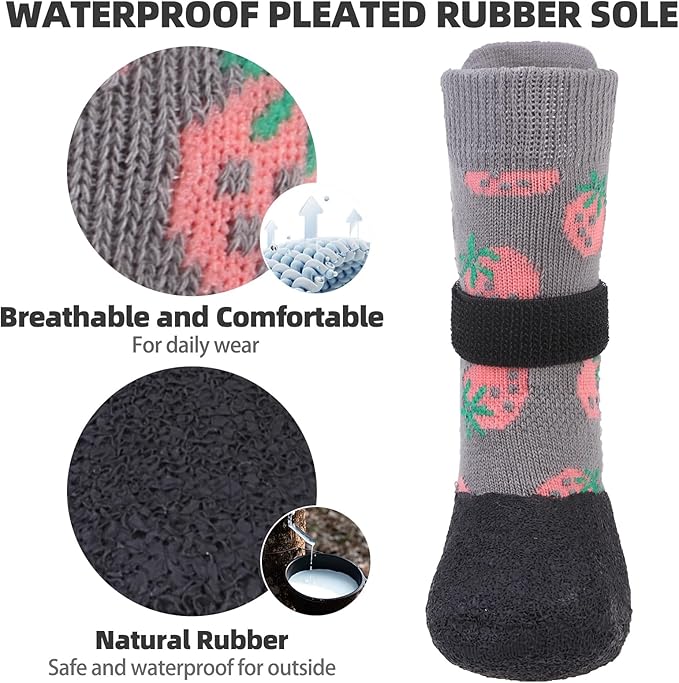 PUPTECK Anti Slip Dogs Shoes for Hot/Cold Pavement, Senior Booties, Rubber Boots & Paw Protectors for Small Medium Large Size Dogs to Prevent Licking, Grippy Socks for Hardwood Floors, Strawberry S